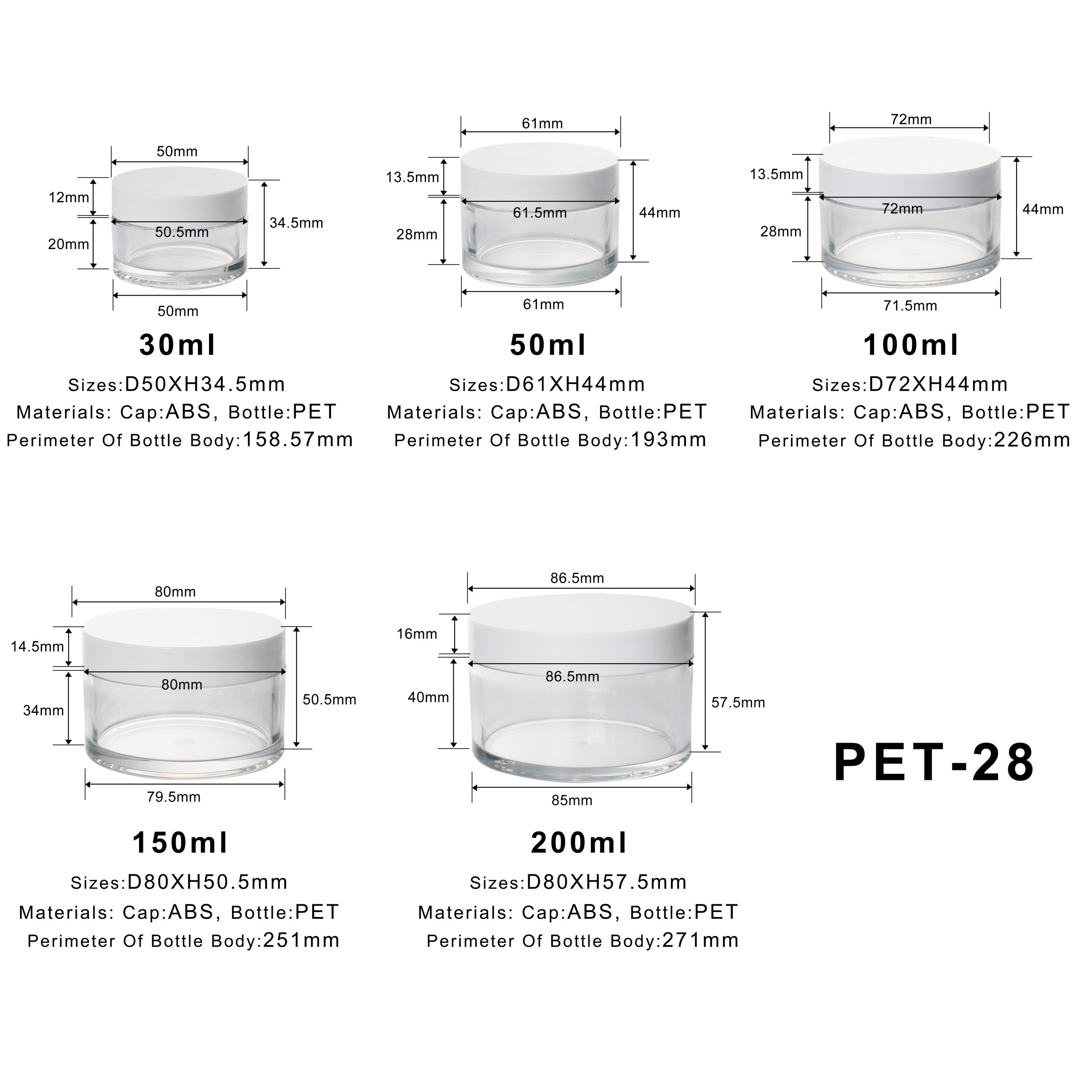 Hot Selling 30g 100g Empty Cosmetic Containers 50ml 150ml 200ml Thick Wall Hard Clear Pet Plastic Cream Jar