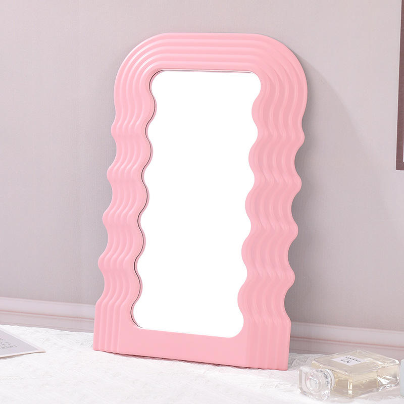 Tabletop Decoration Wavy Shaped Frame Glass Small Desktop Pink Wave Makeup Mirror Mini Vanity Ultrafragola Mirror