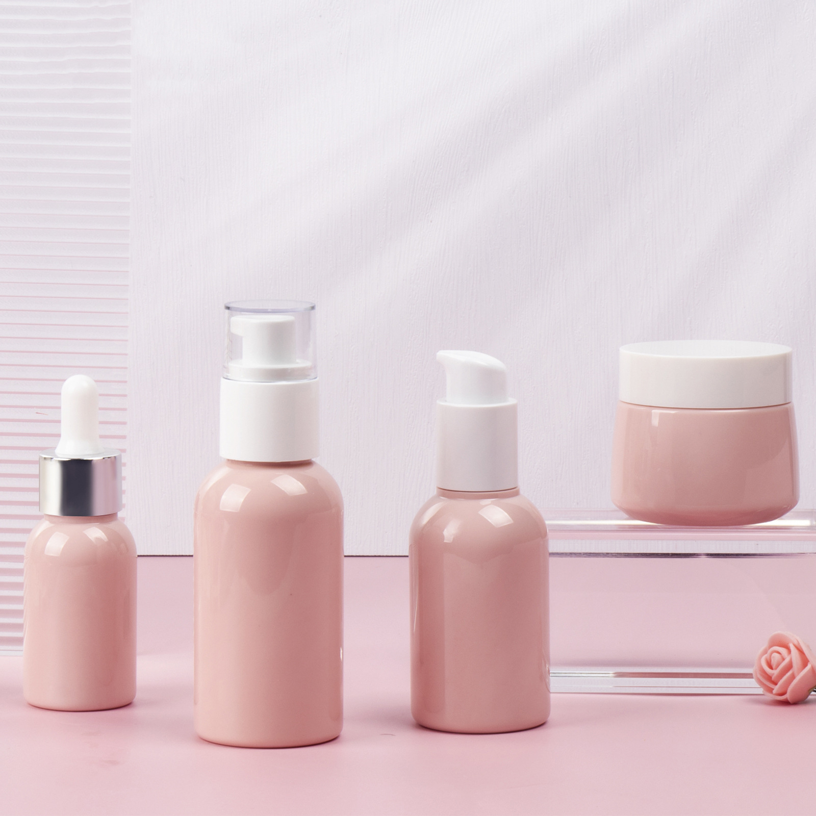 30ml 50ml 80ml PET Rotatable Essence Cream Pump Lotion Bottle Pink Color Custom Skin Care Serum Bottle Set