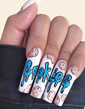 White Background Color Cookies Pattern Press On Nails Long Coffin Cartoon False Nails