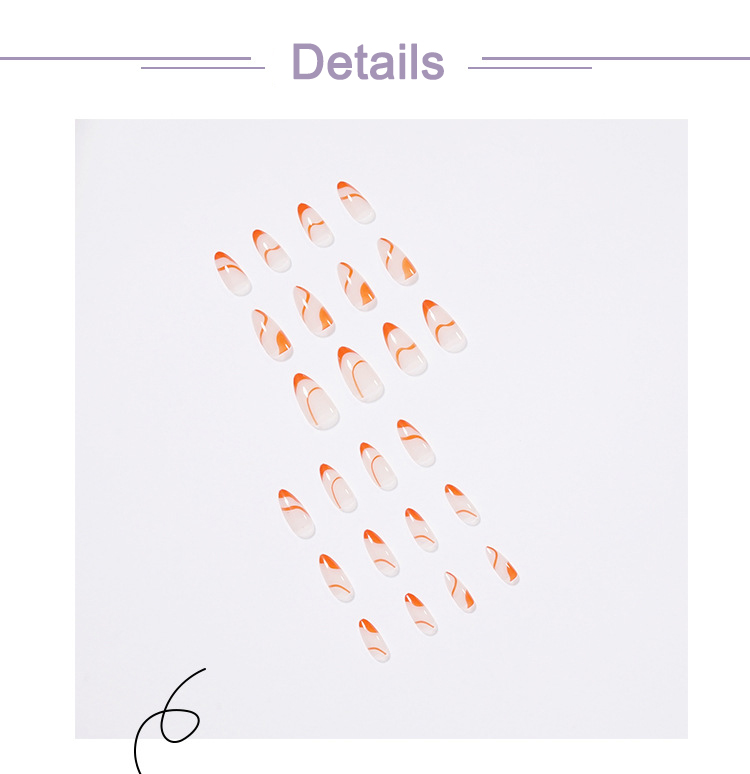 Minimalist Press On Nails Short Almond Women Orange Lines Fake Artificial Nails