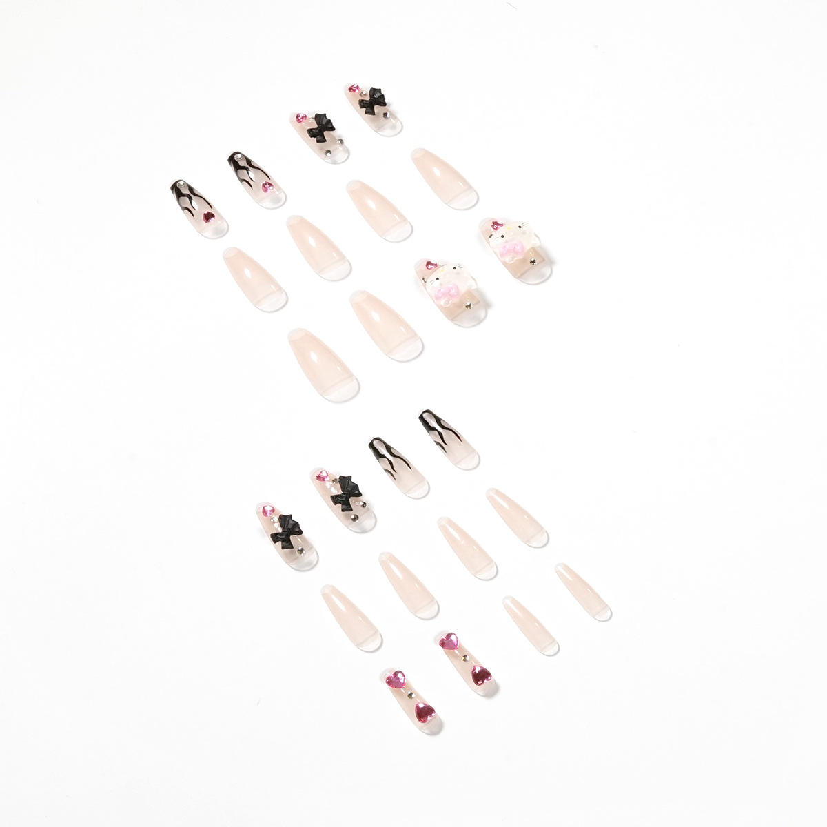 Hello Cute Kitty Bow Heart Tips Long Cover 24 Pcs 3D Press On False Nails With Decoration