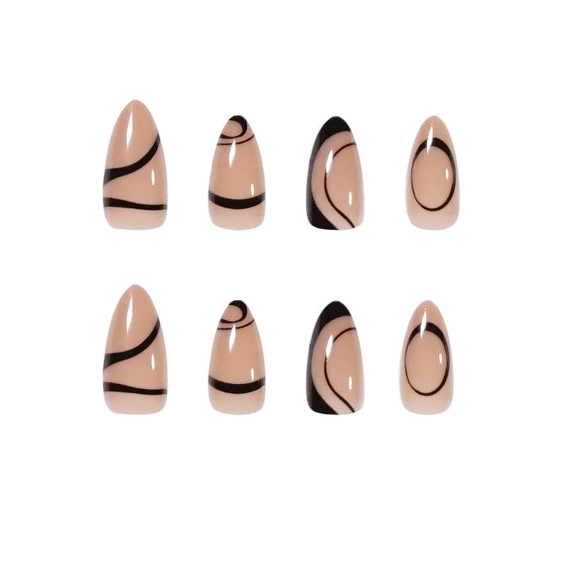Simple Wave Line Pattern Fake Nail Kit Premade Stiletto Almond Shape Press On Nails