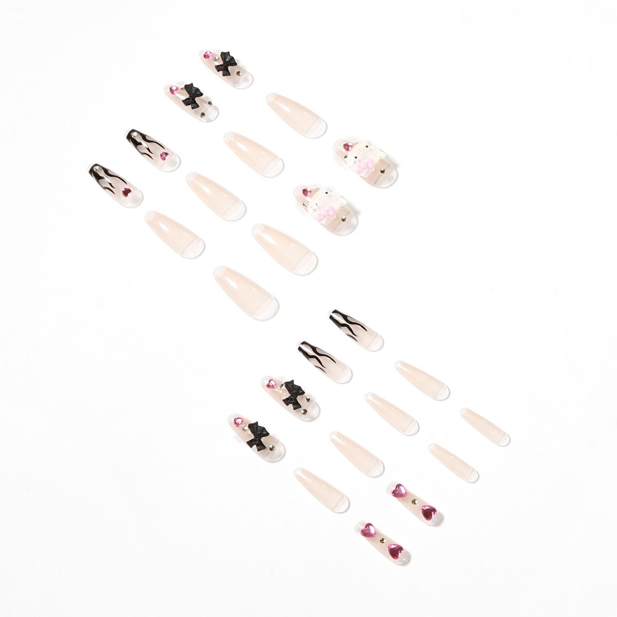 Hello Cute Kitty Bow Heart Tips Long Cover 24 Pcs 3D Press On False Nails With Decoration