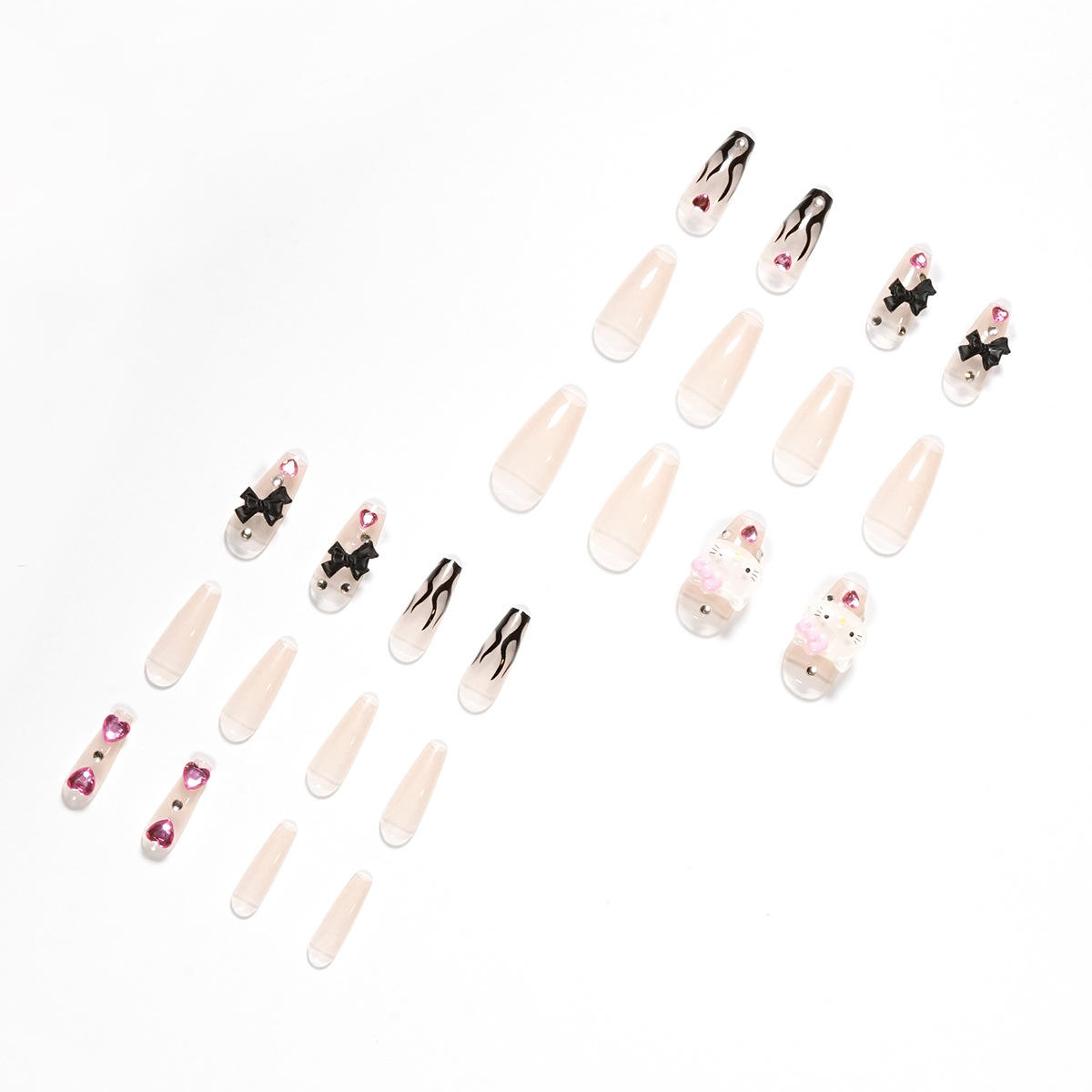Hello Cute Kitty Bow Heart Tips Long Cover 24 Pcs 3D Press On False Nails With Decoration