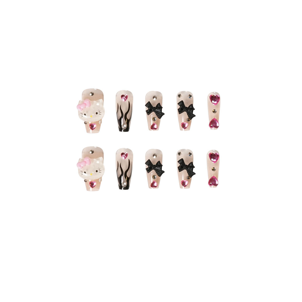 Hello Cute Kitty Bow Heart Tips Long Cover 24 Pcs 3D Press On False Nails With Decoration