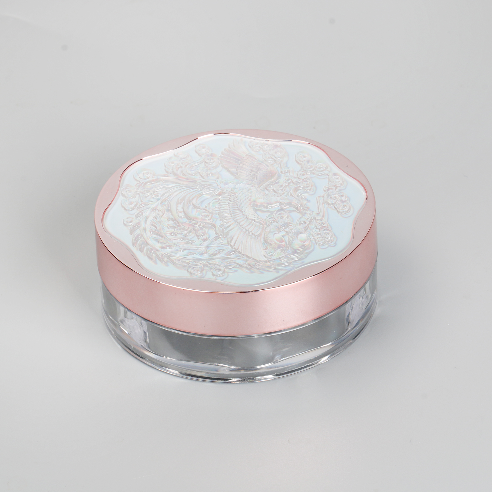 Embossed Design Cosmetic Empty Powder Container Case 20g Plastic Loose Powder Jar With Pull Inner Pan And Elastic Sifter