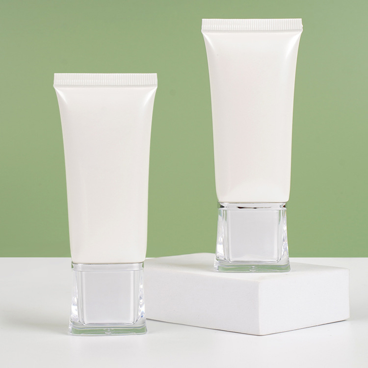 Square Acrylic Cover Lotion Cleanser Foam Cosmetic Tube Flat 30ml Sunscreen Cream White Empty PE Plastic Soft Tube