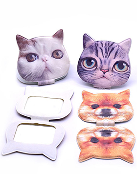 Custom Logo Cat Shape PU Leather Portable Compact Mirrors Animal Pattern Cosmetic Hand Held Mini Pocket Mirror