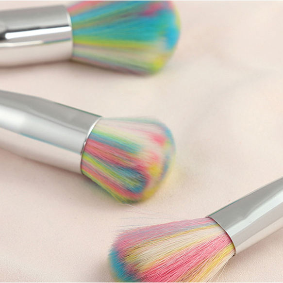 Portable Travel Colorful Bristles Cosmetic Brush Set 7pcs Luxury Unicorns Makeup Brushes With Silver Handle