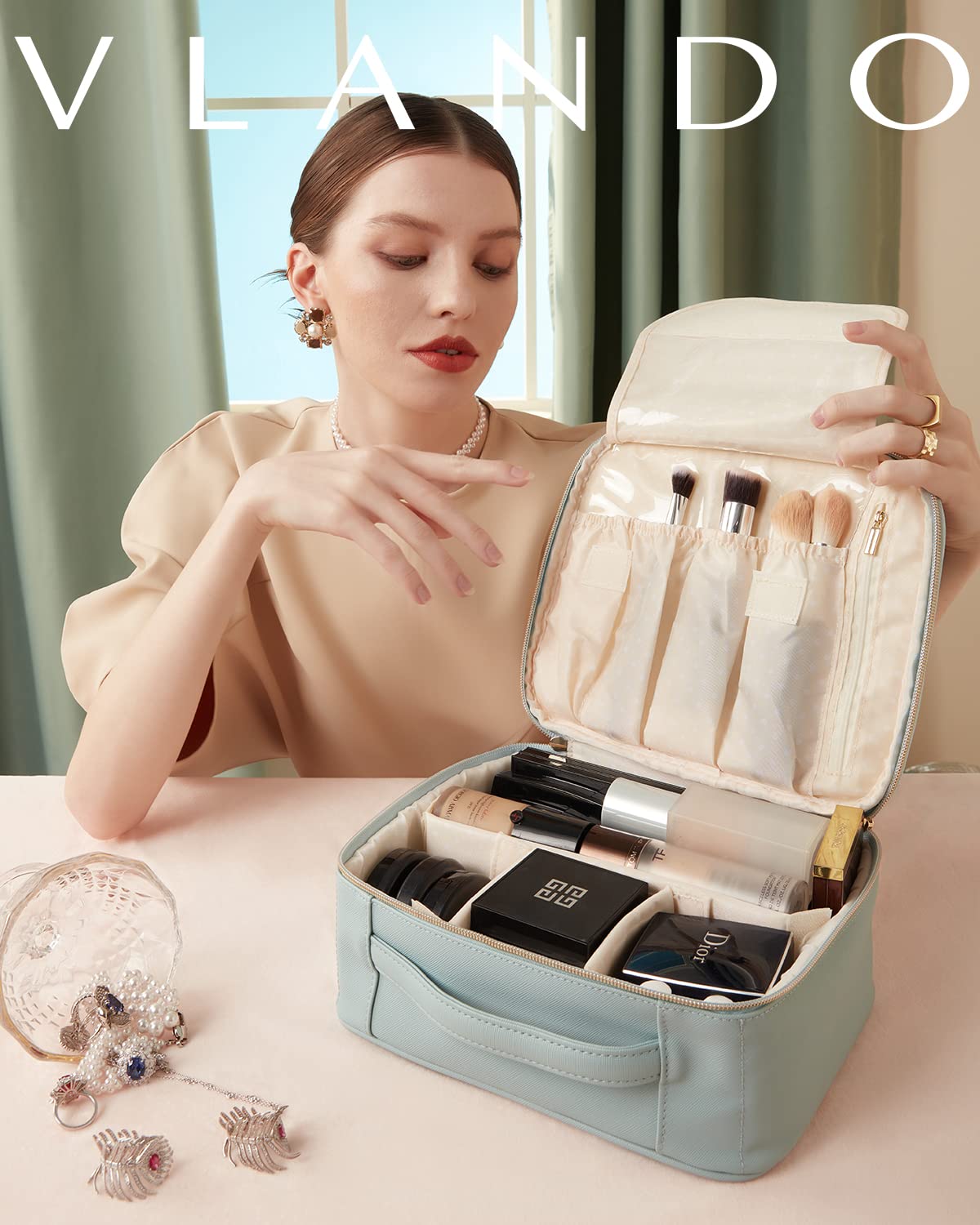 Portable Make Up Organizer Leather Travel Toiletry Case Makeup Cosmetic Durable Bag With Adjustable Dividers