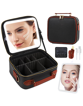 Custom Portable Travel Cosmetic Bag Cases Pink Black Waterproof PU Makeup Bags With Led Makeup Mirror就