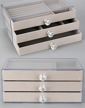 Luxury Plastic Acrylic Earring Rings Necklaces Bracelets Display Case 3 Drawers Velvet Jewelry Organizer Box