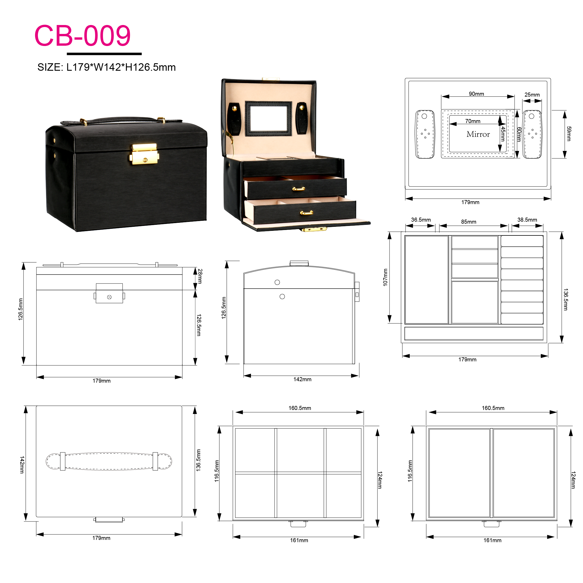 Earring Ring Necklace Storage 3 Layer Portable Travel Black PU Jewelry Organizer Box With Mirror & Lock