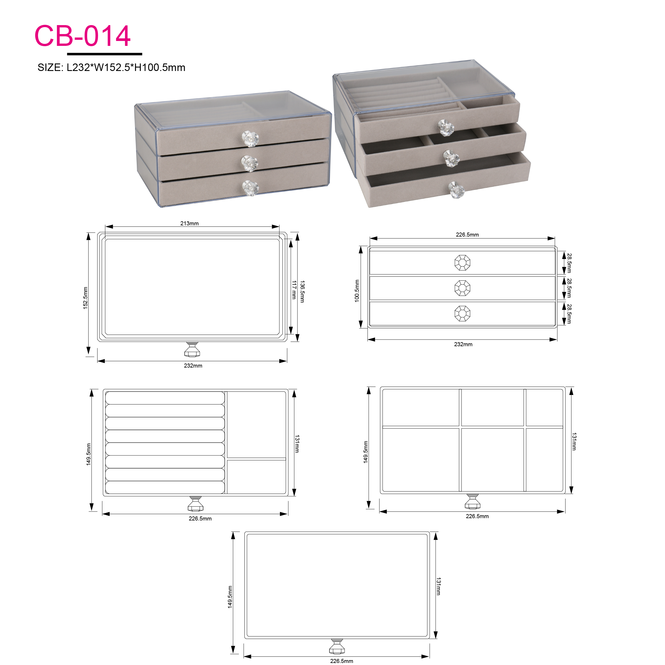 Luxury Plastic Acrylic Earring Rings Necklaces Bracelets Display Case 3 Drawers Velvet Jewelry Organizer Box