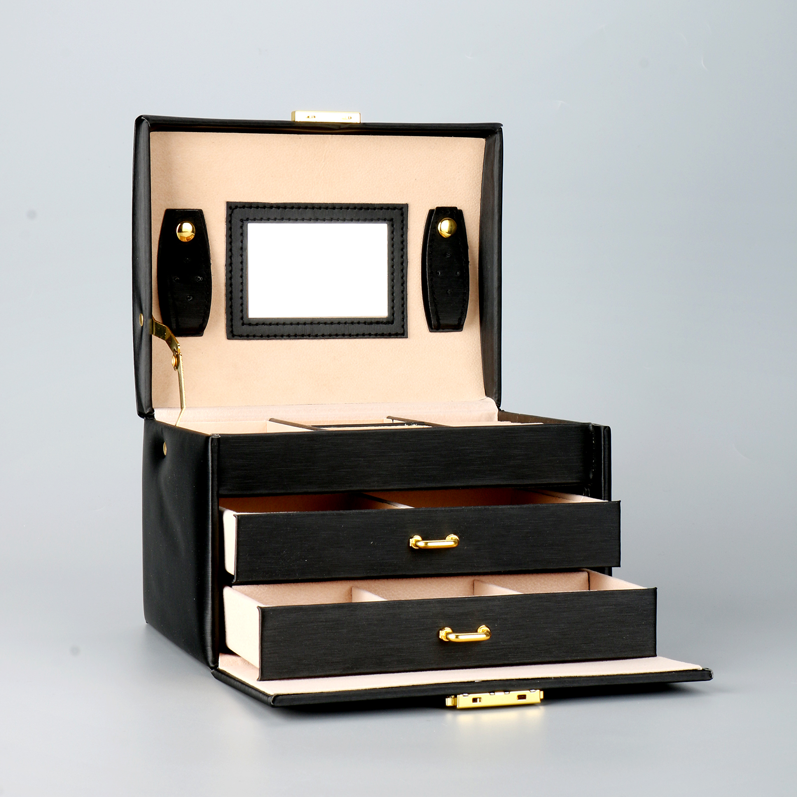 Earring Ring Necklace Storage 3 Layer Portable Travel Black PU Jewelry Organizer Box With Mirror & Lock