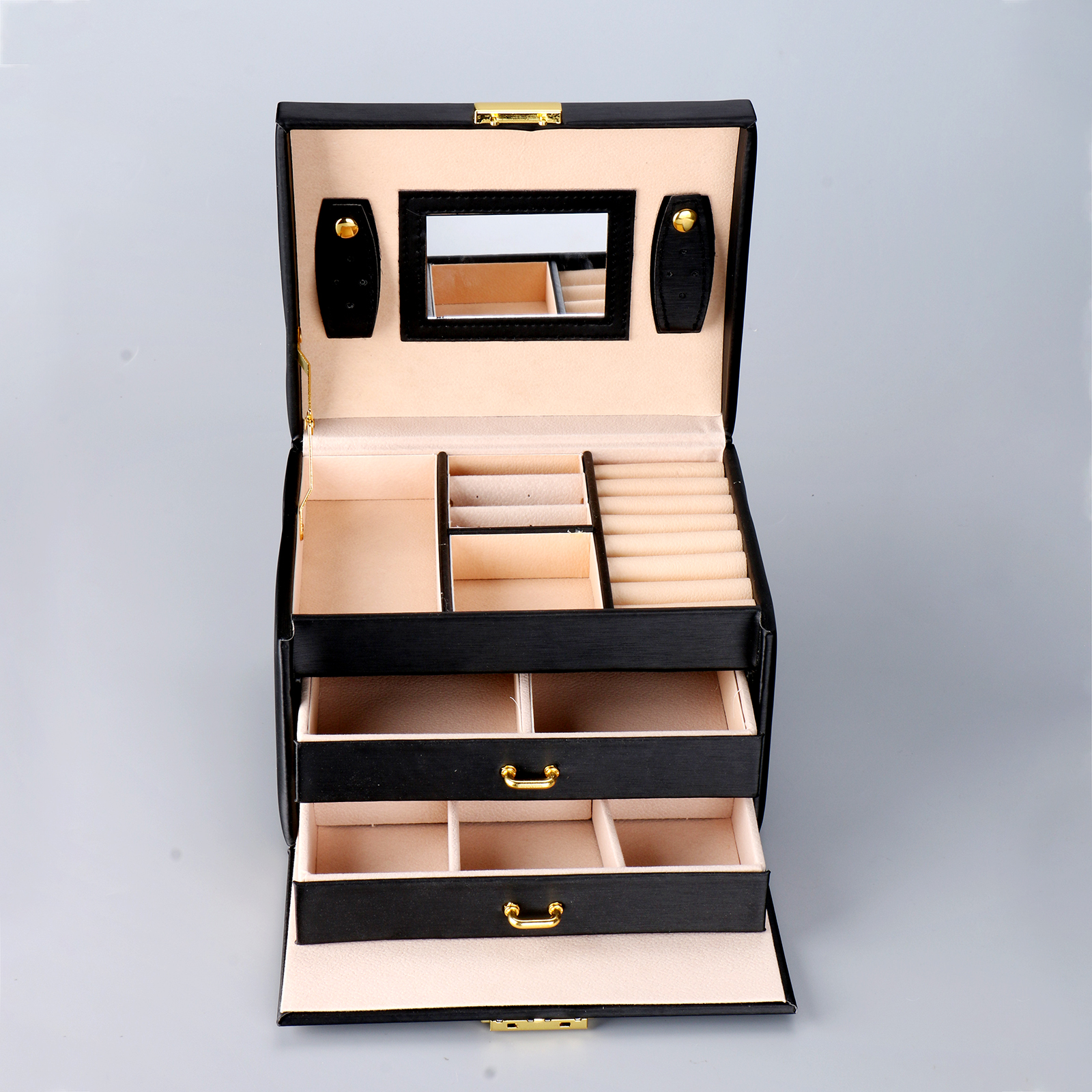 Earring Ring Necklace Storage 3 Layer Portable Travel Black PU Jewelry Organizer Box With Mirror & Lock