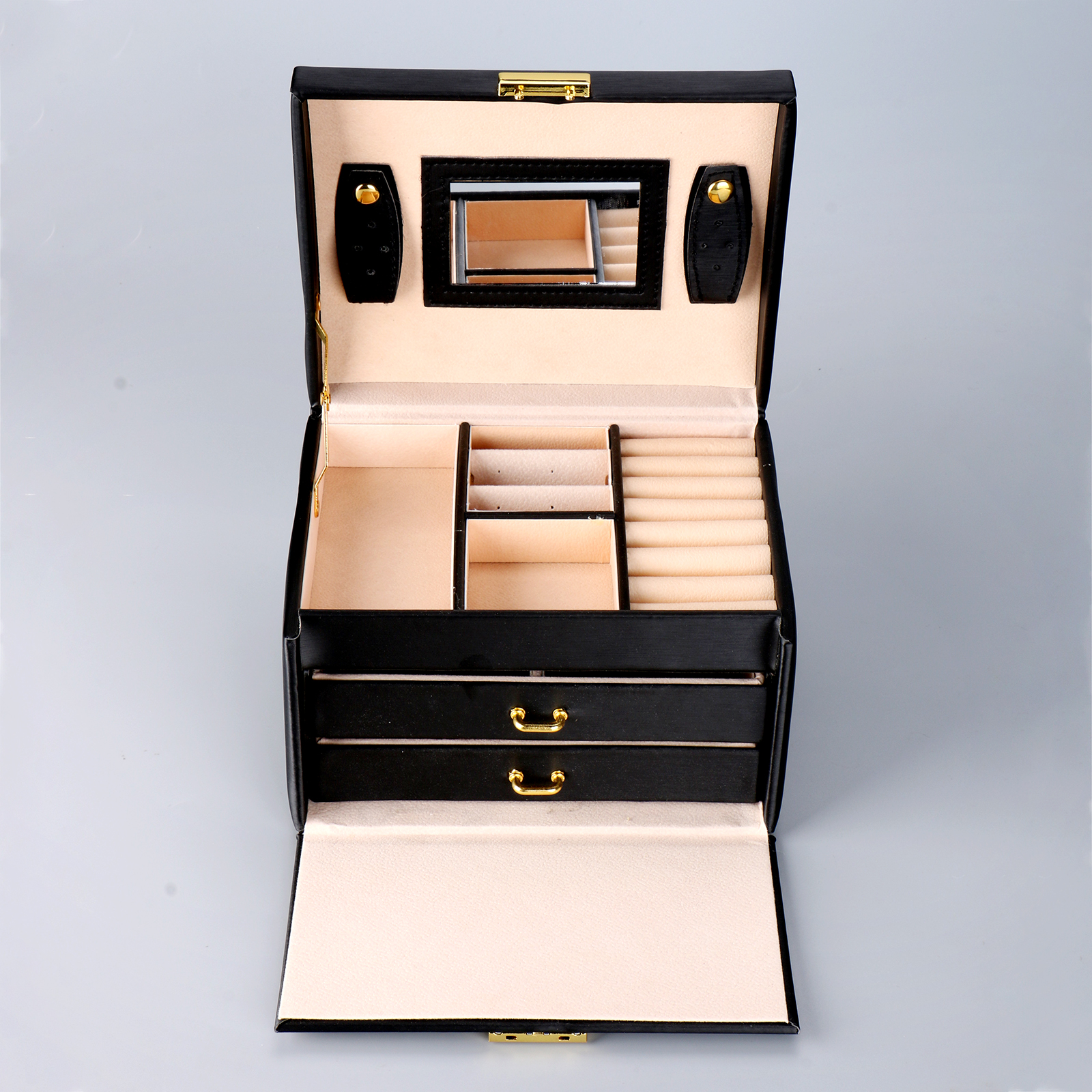 Earring Ring Necklace Storage 3 Layer Portable Travel Black PU Jewelry Organizer Box With Mirror & Lock