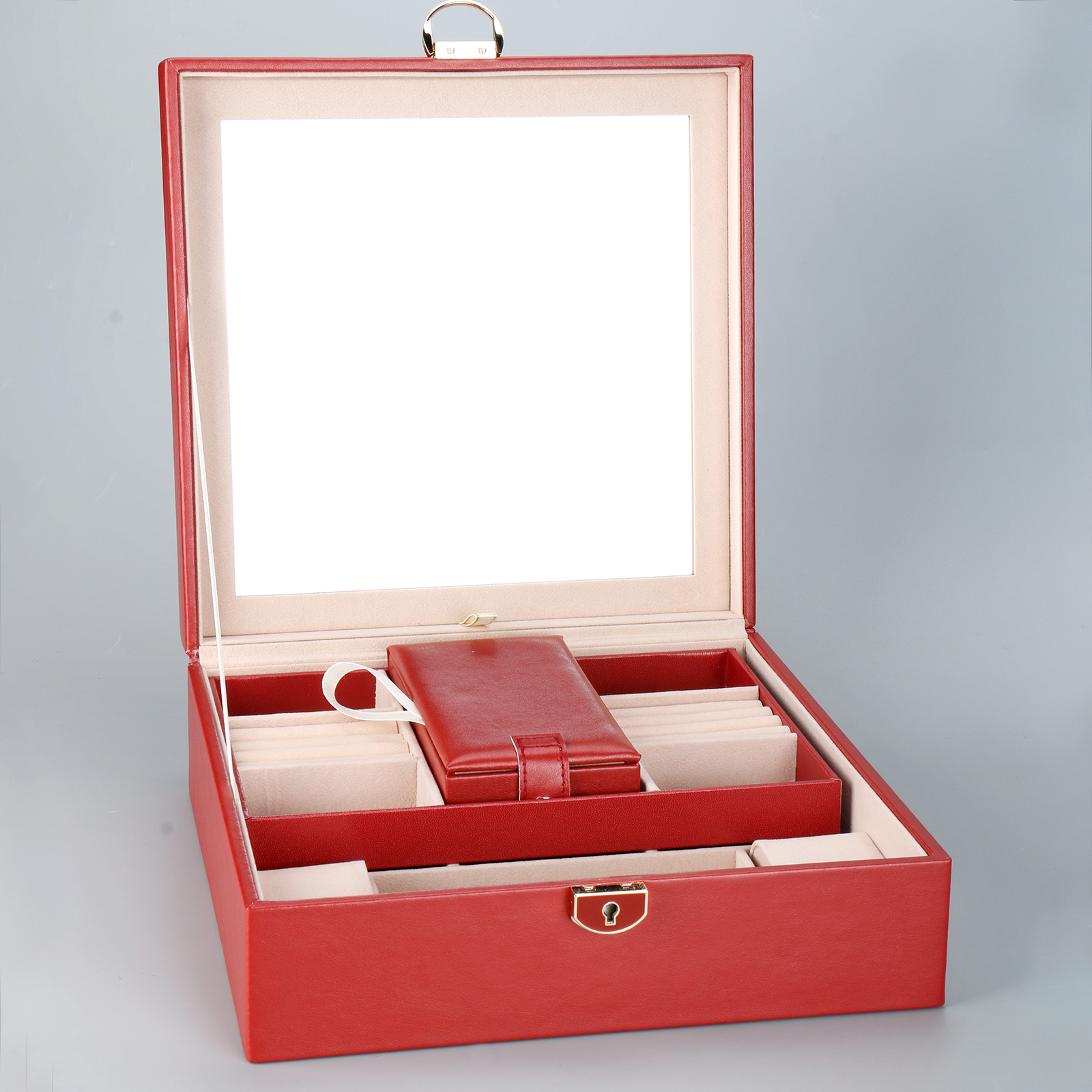 Necklace Earrings Rings Watch Organizer Case Double Layer Luxury Pu Leather Travel Jewelry Boxes With Mirror