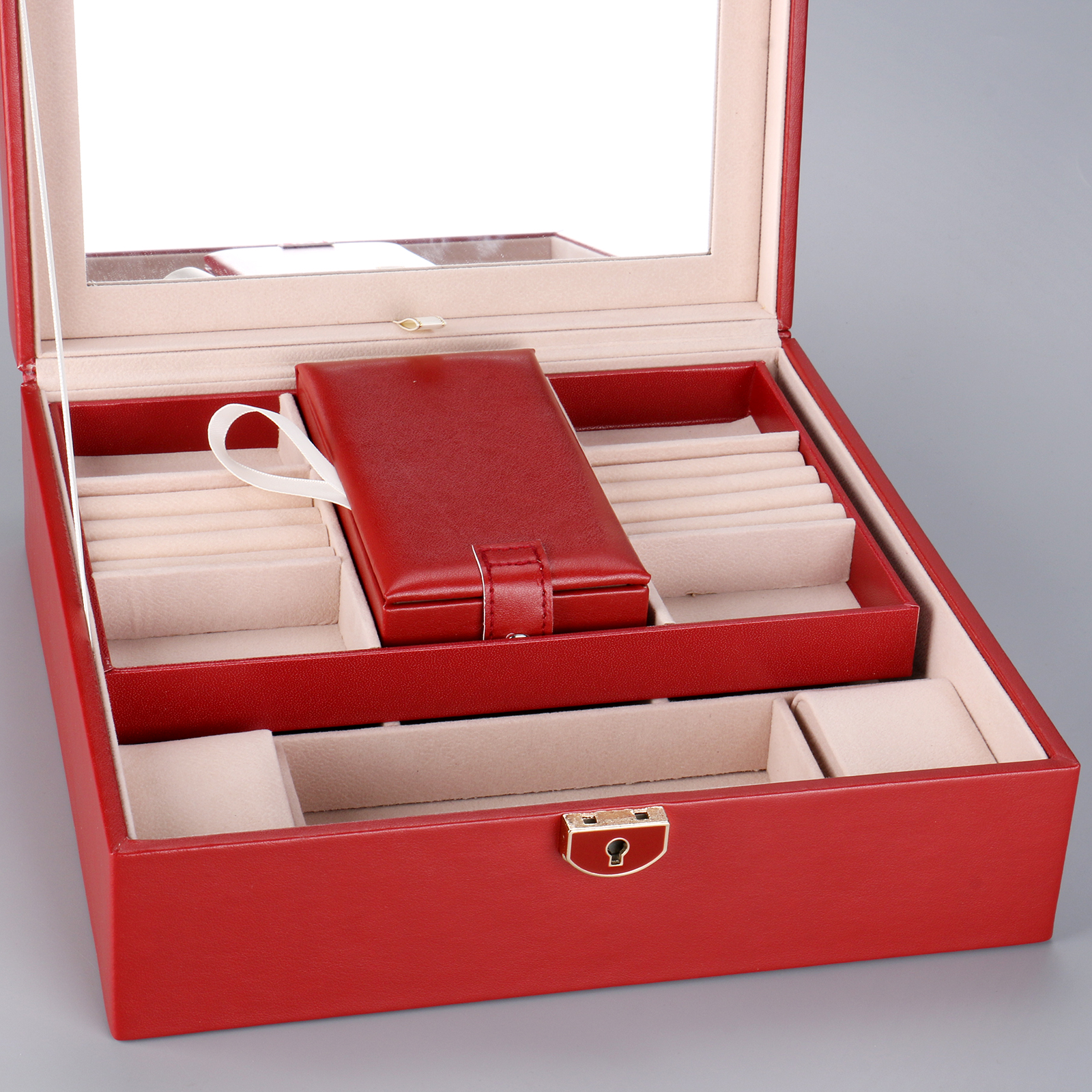 Necklace Earrings Rings Watch Organizer Case Double Layer Luxury Pu Leather Travel Jewelry Boxes With Mirror