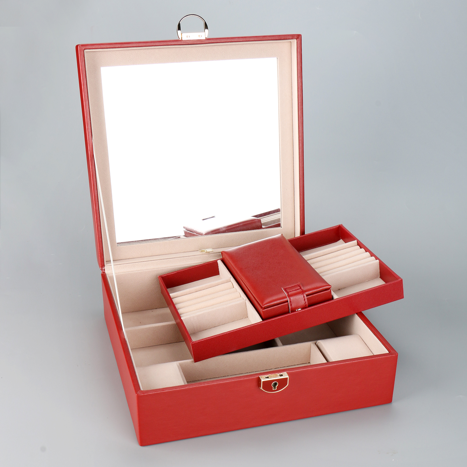 Necklace Earrings Rings Watch Organizer Case Double Layer Luxury Pu Leather Travel Jewelry Boxes With Mirror