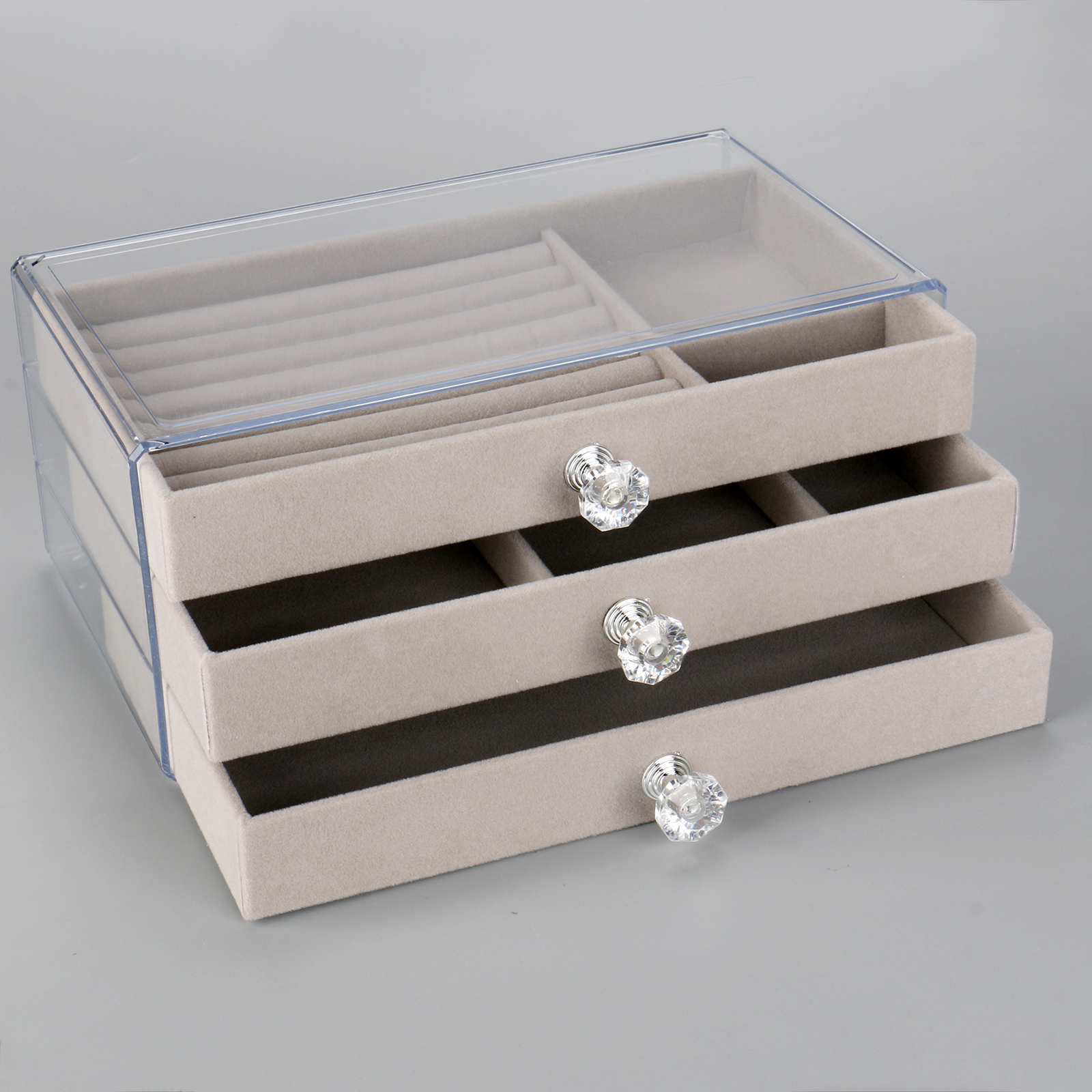 Luxury Plastic Acrylic Earring Rings Necklaces Bracelets Display Case 3 Drawers Velvet Jewelry Organizer Box