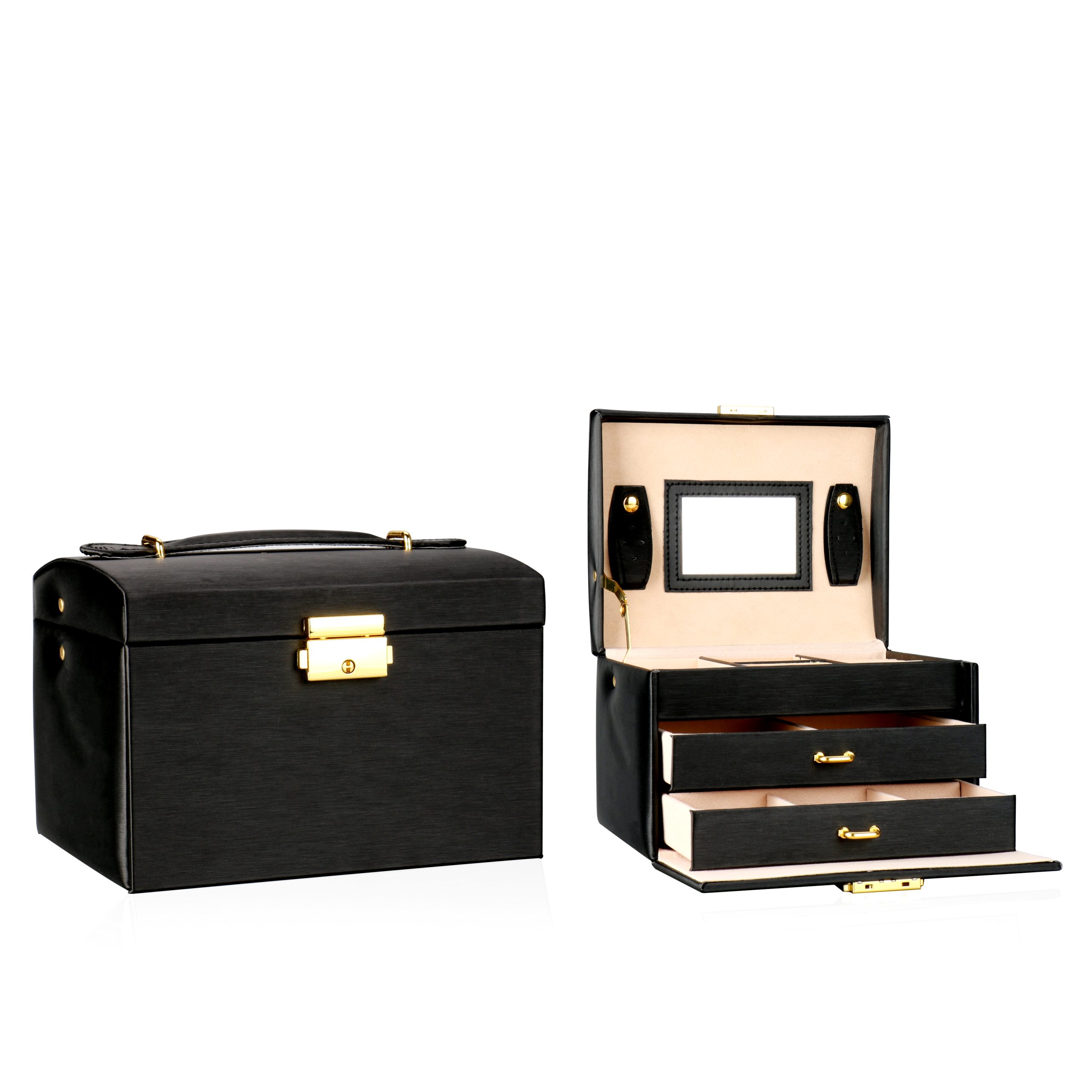 Earring Ring Necklace Storage 3 Layer Portable Travel Black PU Jewelry Organizer Box With Mirror & Lock