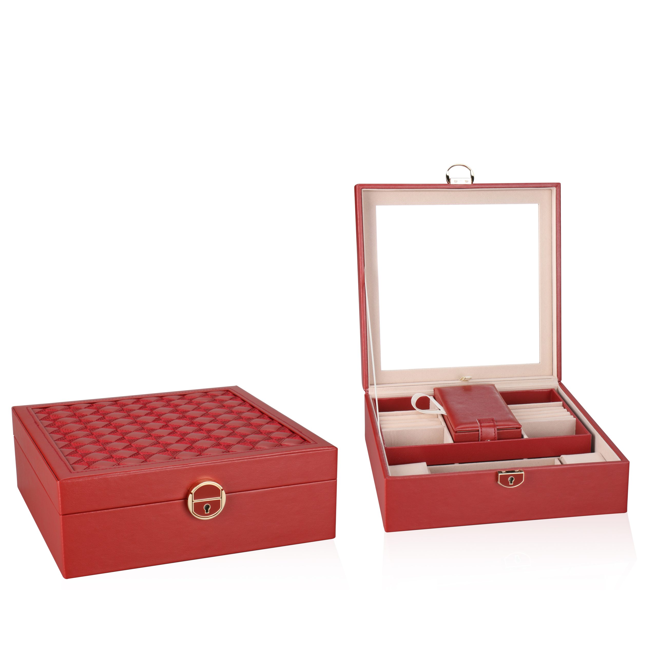 Necklace Earrings Rings Watch Organizer Case Double Layer Luxury Pu Leather Travel Jewelry Boxes With Mirror