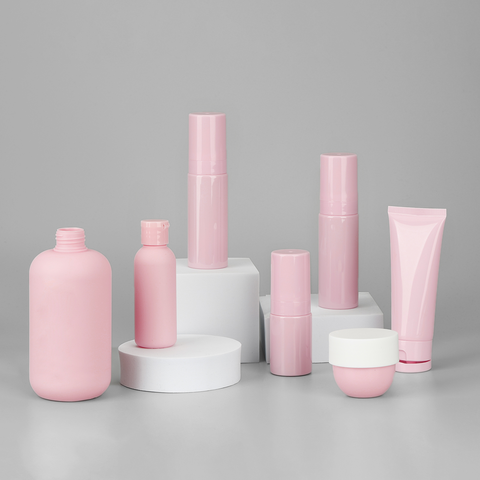 Custom Luxury Pink Toner Lotion Shampoo Bottle Hand Cream Jars Skin Care Set Container Plastic Cosmetic Packaging