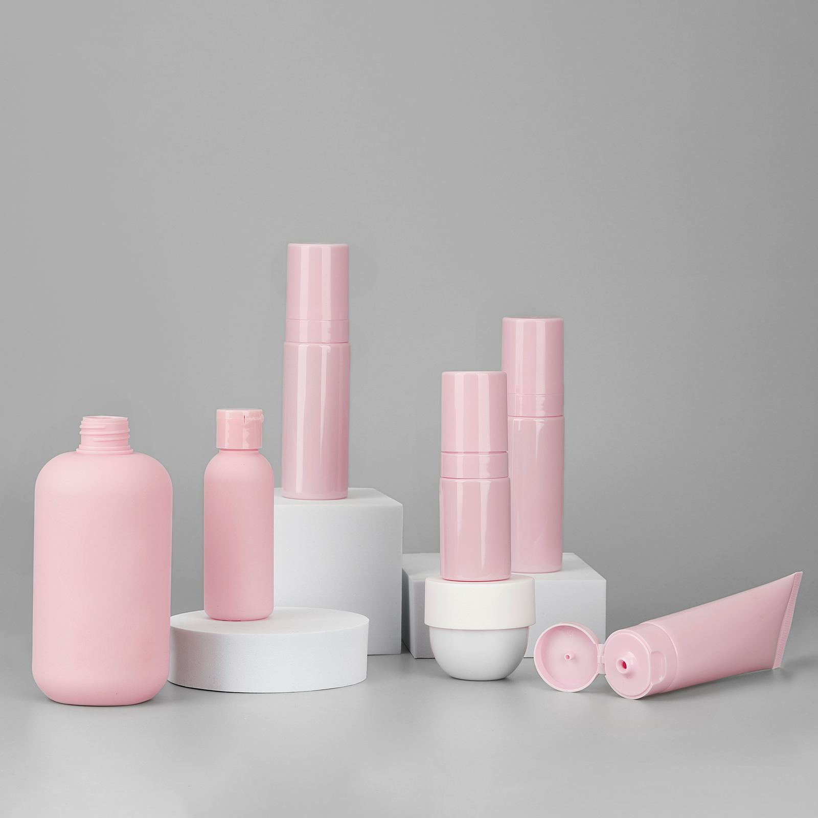 Custom Luxury Pink Toner Lotion Shampoo Bottle Hand Cream Jars Skin Care Set Container Plastic Cosmetic Packaging