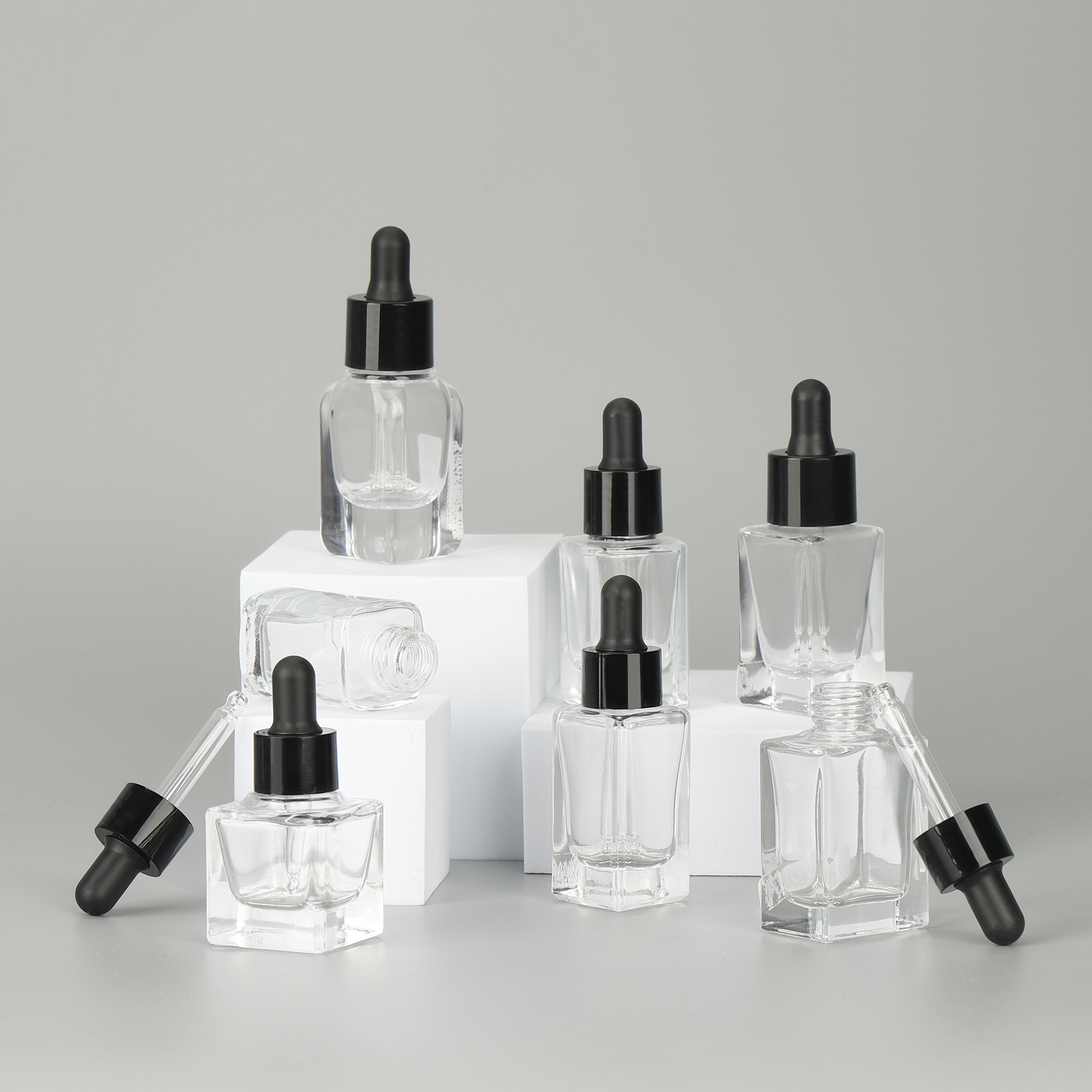 15ml 20ml Thick Bottom Transparent Square Essential Oil Glass Dropper Bottle With Black Lid
