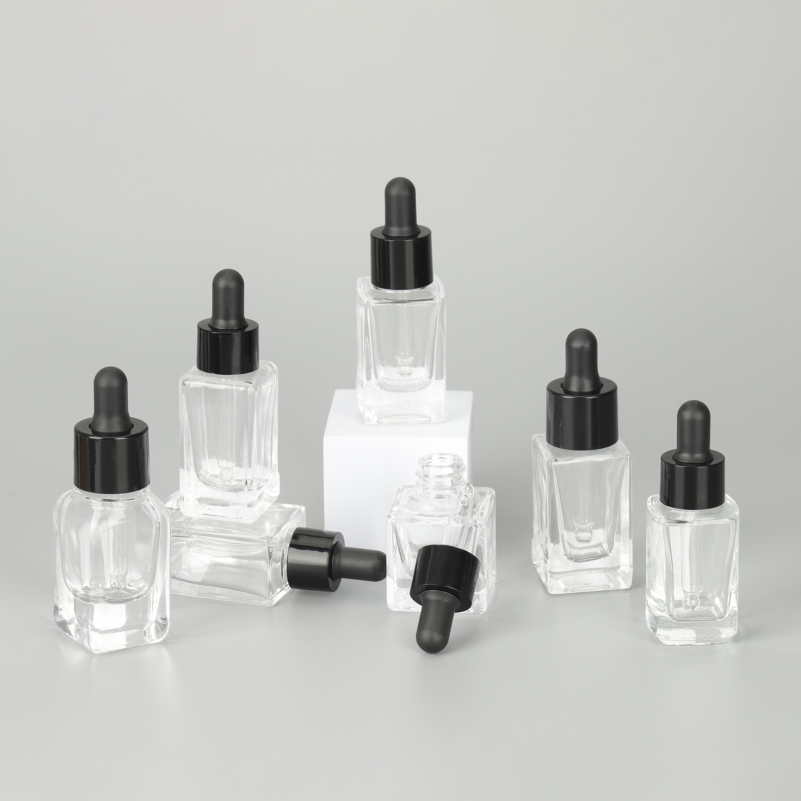 15ml 20ml Thick Bottom Transparent Square Essential Oil Glass Dropper Bottle With Black Lid