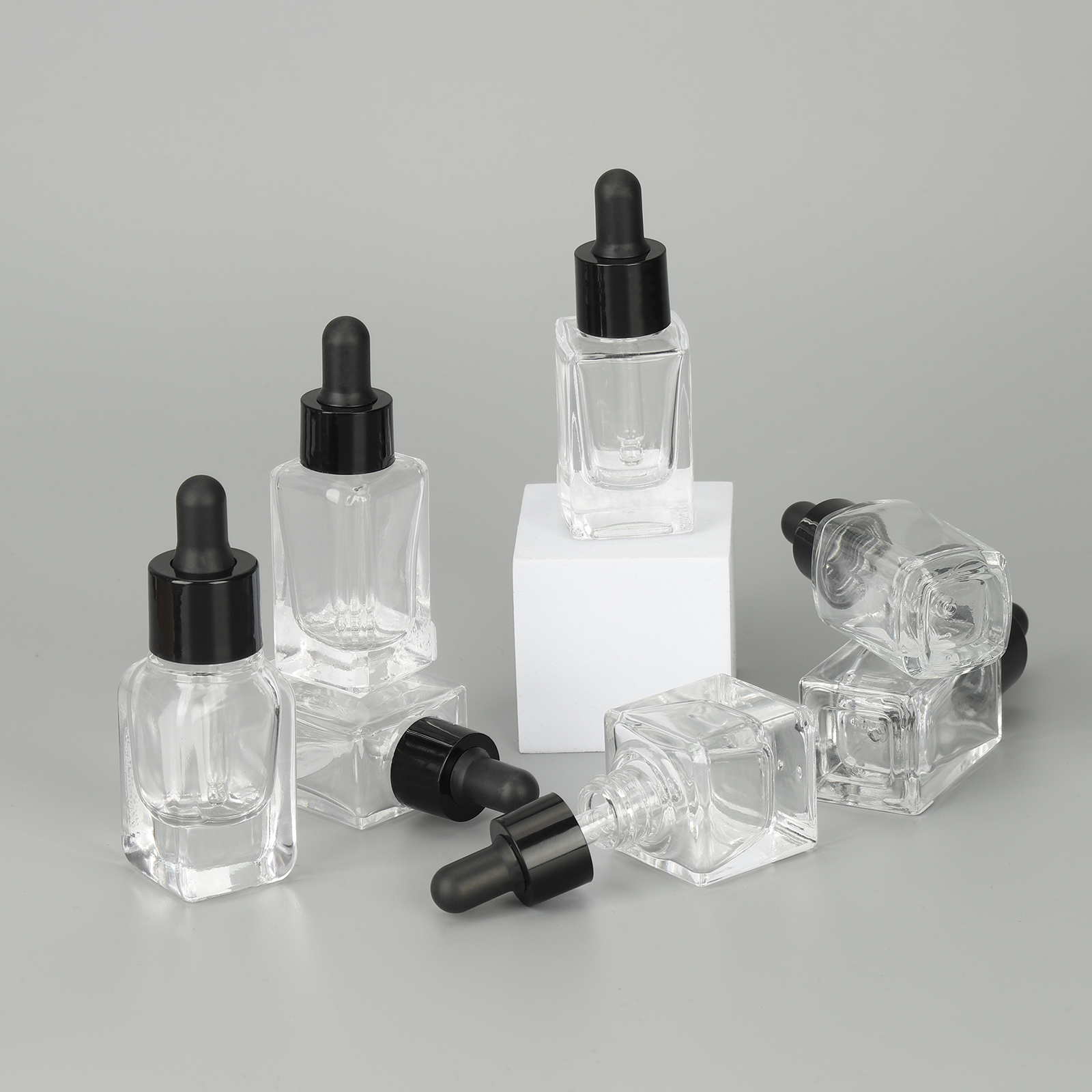 15ml 20ml Thick Bottom Transparent Square Essential Oil Glass Dropper Bottle With Black Lid