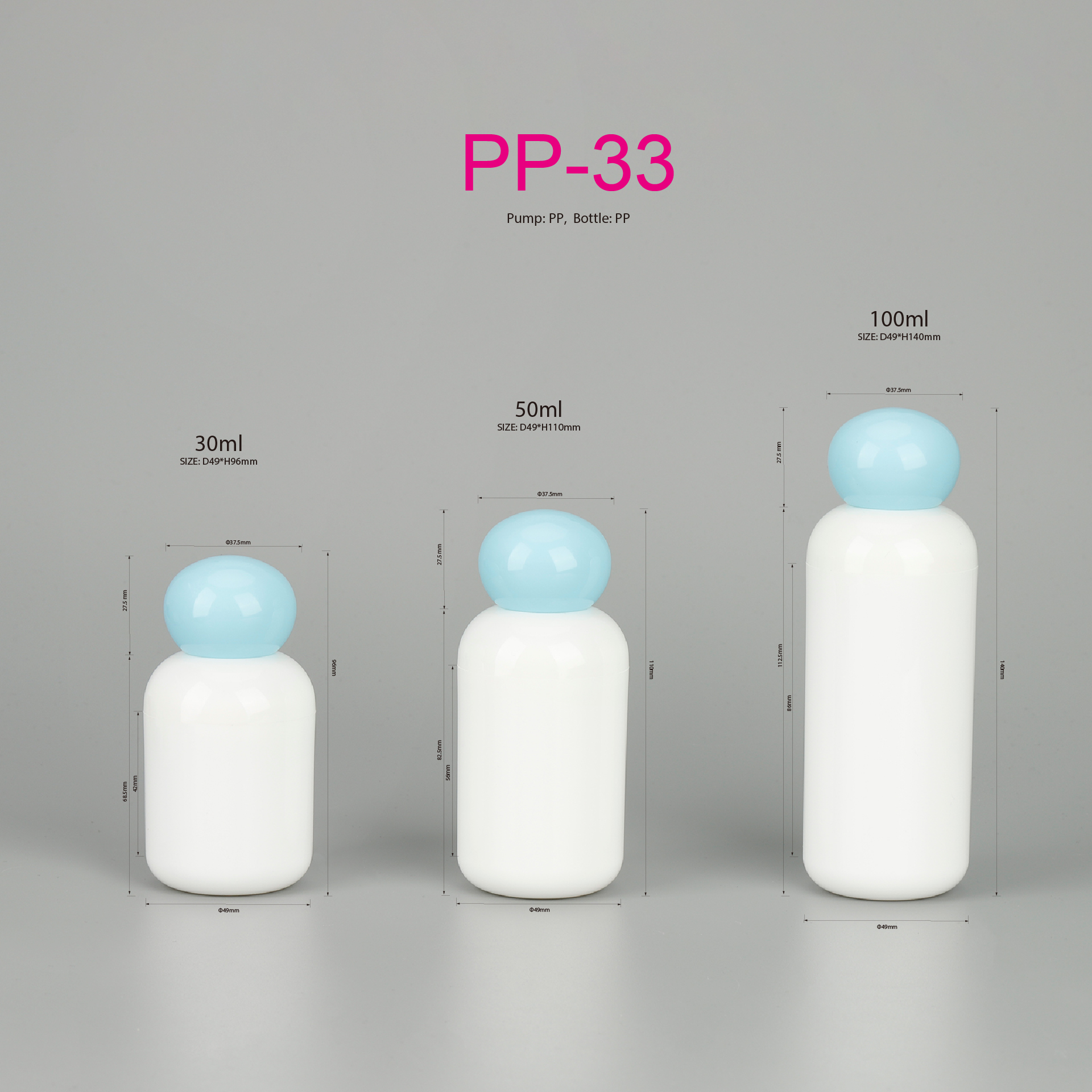 Round Boston Recyclable PP Face Cream Body Lotion Container Plastic Airless Pump Bottle With Ball Cap